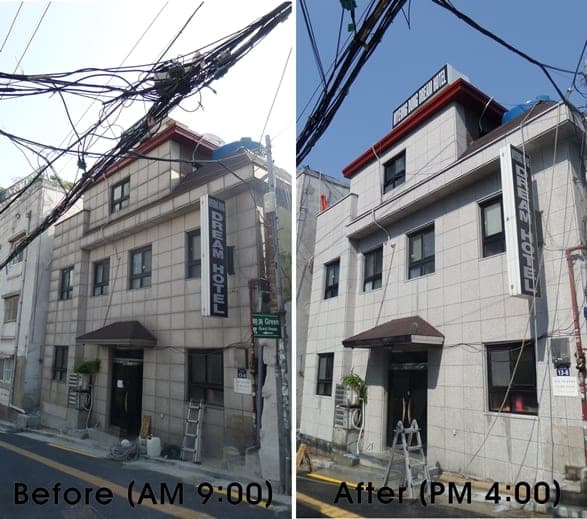 외벽청소 "오랜 묵은 찌든때 제거" 강산성 약품을 사용해야 겨우 나갑니다.